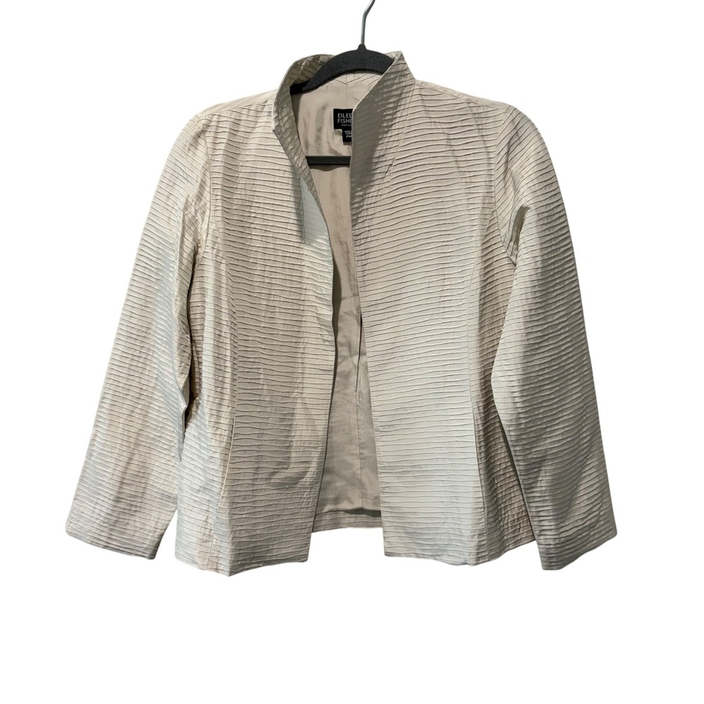 Eileen Fisher Silk Jacket Womens Petite Medium Bone Habutai Pleat Stand Collar